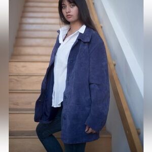 St. John’s Bay purple SUEDE long leather jacket L BUTTON up collared big Pockets
